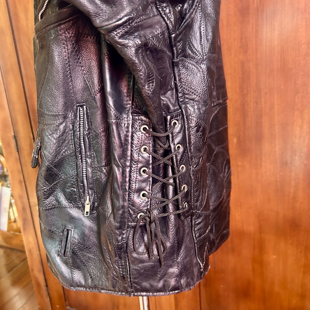 80s Black Leather Patchwork Motorcycle Jacket XL - image 7